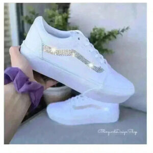 Vans Platform Old Skool White Sneakers Shoes Customized with Swarovski Crystals